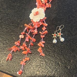 Coral and White Floral Necklace and Earring Set